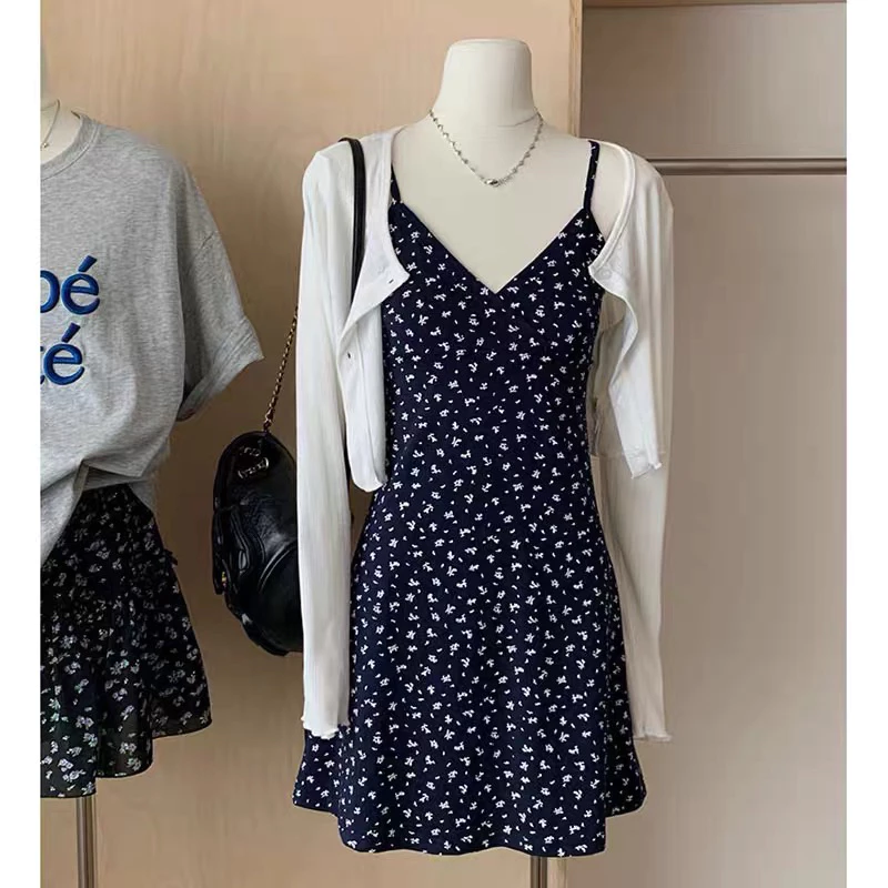 Đầm 2 Dây Hoa Nhí Mix Áo Cardigan Khoác Nhẹ Hàng Chuẩn (Hàng QC loại 1) Set Váy Hoa Nhí Xanh Than Phối Áo khoác