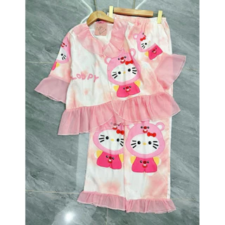 Bộ pijama tiểu thư tay loe phối bèo chất lụa xước ánh kim