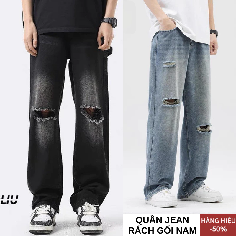 Quần jean baggy nam rách WASH trắng đen 2 gối gấu ống suông rộng chất vải bò cao cấp RG01 Ullzang hàn quốc Elmen 2024