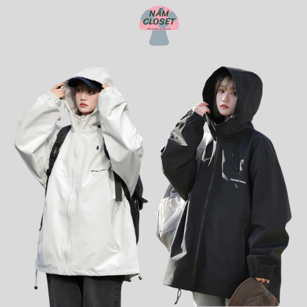 Áo khoác dù 2 lớp logo thêu nam nữ unisex mũ rộng thoáng mát chống nắng tuyệt đối áo khoác form rộng basic NAKA65