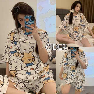 Set Bộ Pijama Trơn Nữ Gấu Oke Áo Kèm Quần Short Mặc Nhà Form Rộng Dành Cho Nữ