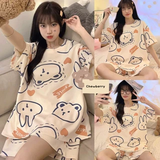 Set Bộ Pijama Trơn Nữ Gấu Thỏ Smile Áo Kèm Quần Short Form Rộng Thoải Mái Mặc Nhà