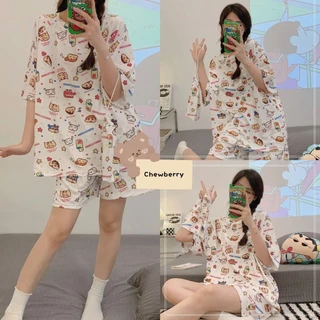 Set Bộ Pijama Trơn Nữ Shin Cá Áo Kèm Quần Short Form Rộng Thoải Mái Mặc Nhà