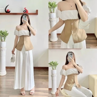 Set áo cúp ngực trễ vai phối bèo kèm quần ống rộng dài chất cotton lạnh tone màu sáng thanh lịch