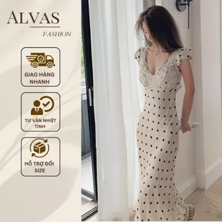 Đầm cổ vuông họa tiết chấm bi Alvas dáng dài sang chảnh [V281]