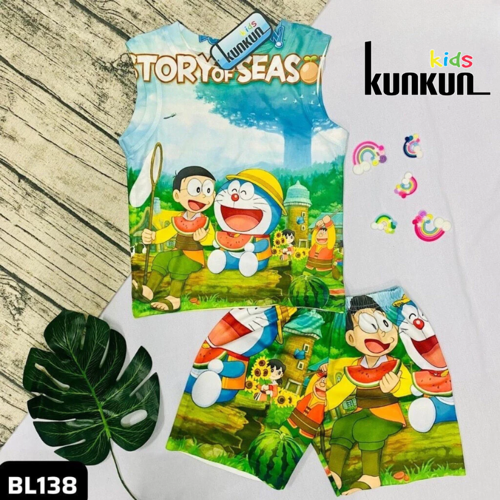 Quần áo trẻ em in 3D doraemon rừng xanh thun lạnh - Bộ ba lỗ bé trai size đại từ 10-60kg cao cấp Kunkun BL138