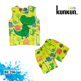 Quần áo trẻ em in 3d khủng long xanh chất thun lạnh KunKun BL206 - Bộ ba lỗ bé trai size đại từ 10-60kg cao cấp