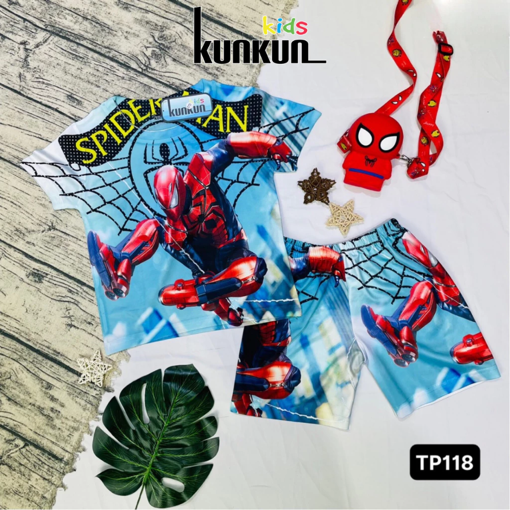 Đồ bộ bé trai in 3D người nhện Spiderman chất Thun lạnh co giãn 4 chiều size đại từ 10-40kg Kunkun Kid TP118