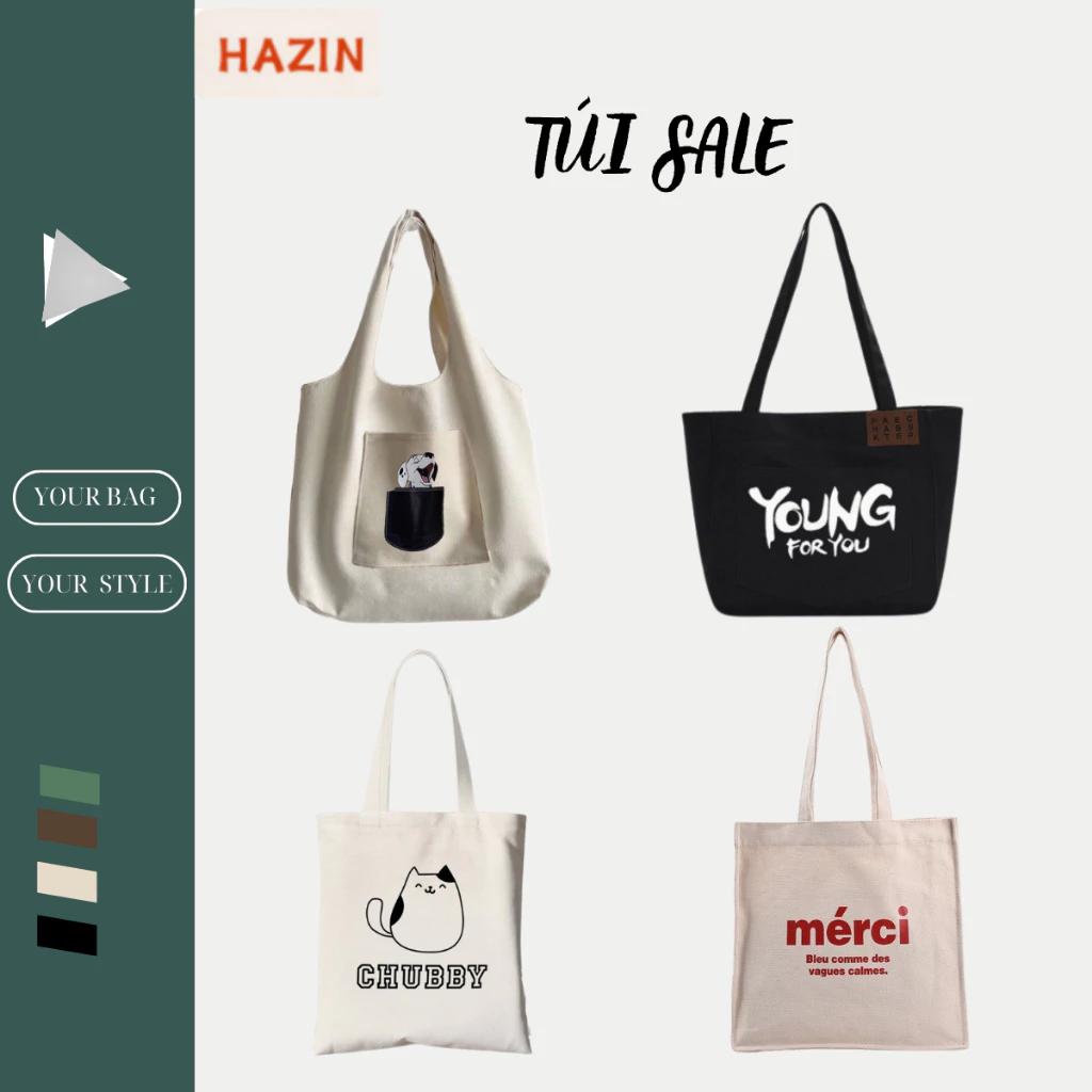 (GIÁ XẢ)Túi tote Hazin vải canvas nữ đựng vừa laptop cỡ lớn đeo vai đi học đi làm phong cách ulzzang