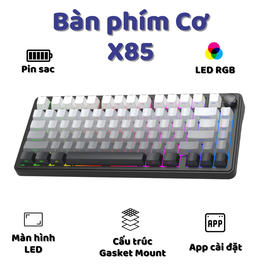 Bàn phím cơ không dây Attack Shark X85 - Led RGb - Gasket Mount - Có hot-swap - Mạch 5 pin - Màn LED - App Marco