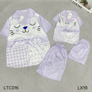 Set bộ pijama lụa xước mẹ và bé áo cộc quần đùi ( size 8-65kg)