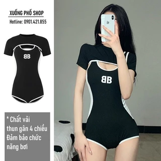 (sẵn) Bikini liền thân 1 mảnh thun gân đi biển kín đáo, có cổ và tay rời #6809 ( XUỐNG PHỐ SHOP )