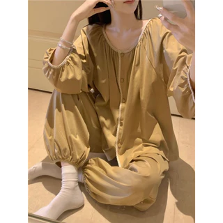 (Có Ảnh Thật) Bộ Ngủ, Mặc Nhà Pyjama Dài Cotton Màu Vàng Phối Ren