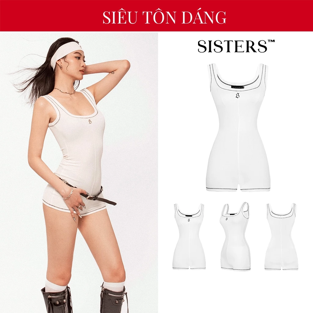 Bodysuit sát nách nữ chỉ nổi SISTERS vải thun gân ôm dáng màu trắng đùi cổ vuông tôn dáng Rubies SIS-CLUB | SS4-J2