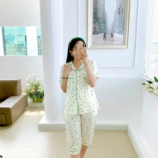 Pijama lụa mango mềm mại, không nhăn TNQL Satino - Polka Green (MNL-65) & Sela Blue (MNL-72)