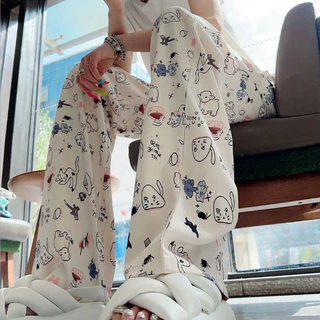 Quần ống suông rộng hoạ tiết mèo cún cute màu trắng cạp chun thoải mái ulzzang girl cotton thun co giãn