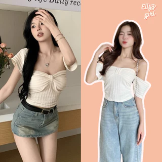 Áo croptop chất len xốp nơ ngực cổ vuông dáng ôm mặc 2 kiểu Ulzzang - Ellyz Aocrt6378  P2K1