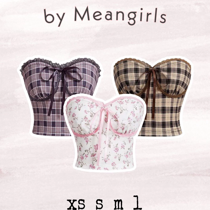 Meangirl~ (bigsize40-85kg) Áo Ống Cup Ngực Croptop Kẻ Sọc Đính Nơ