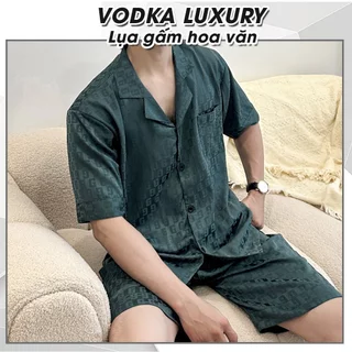 Đồ ngủ nam pyjama lụa gấm chữ G màu xám đậm than chì mới lạ, sang chảnh, mềm mại G06 - Vodka Luxury