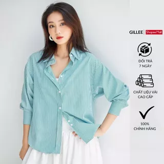 Áo sơ mi kẻ sọc nữ GILLEE dáng oversized, sơ mi form rộng vải kate Mỹ sọc xanh lá FAS292