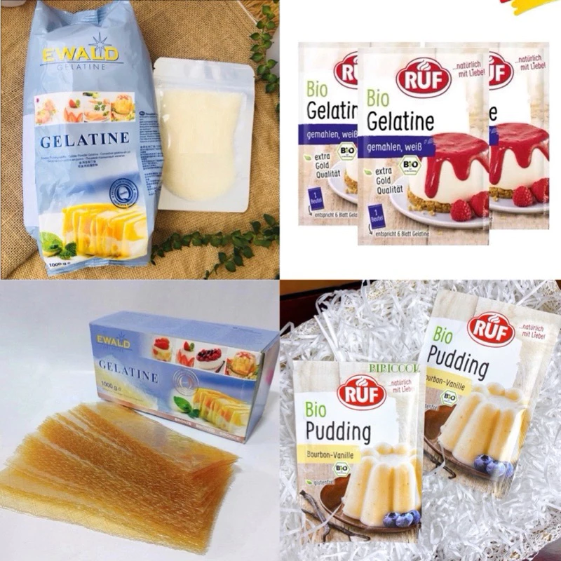 *Gelatine Ewald Đức dạng bột, lá... làm kẹo dẻo, làm thạch