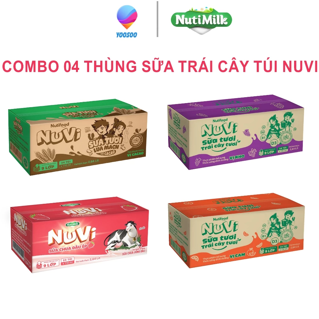 Combo 04 Thùng 24 Túi 110mL Sữa Tươi Trái Cây Vị Dâu, Cam, Nho, Lúa mạch vị Cacao NUVI - YOOSOO