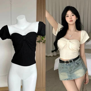 Áo Croptop Trễ Vai Nơ Ngực Basic Đủ Màu SNUPI