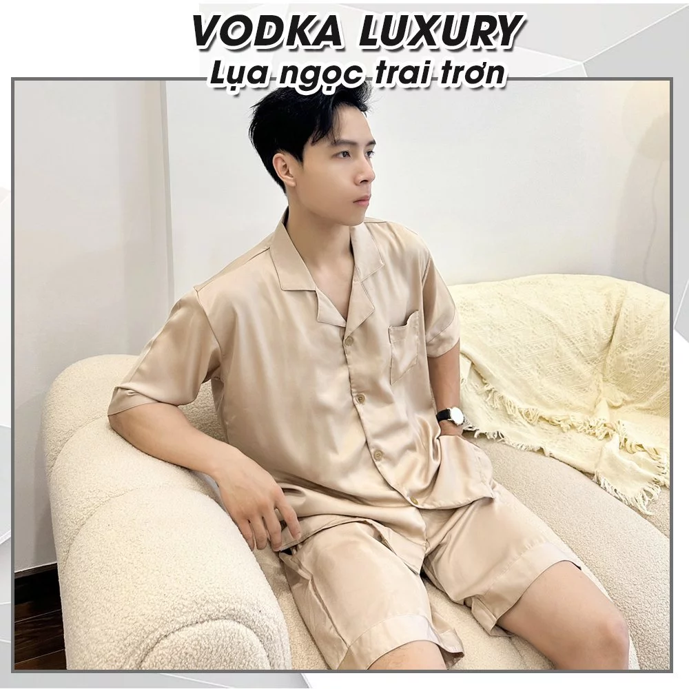 Pyjama nam cộc tay lụa ngọc trai trơn màu be sang chảnh, thoải mái T05 - Vodka Luxury