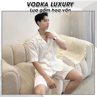 Pyjama nam cộc tay lụa gấm màu trắng trơn vân chữ V tinh tế, mềm mại T05V - Vodka Luxury