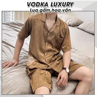 Pyjama nam cộc tay lụa gấm họa tiết màu nâu tinh tế, mềm mại HH03 - Vodka Luxury