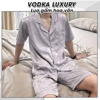 Pyjama nam cộc tay lụa gấm họa tiết màu xám sang chảnh, mềm mại HH06 - Vodka Luxury