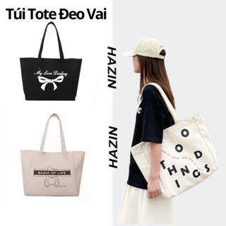 Túi tote đeo vai nữ canvas phong cách Hàn quốc, Có khóa miệng ngăn phụ bên trong thời trang Hazin