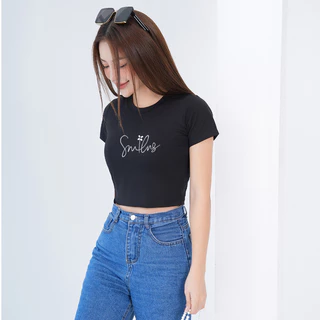 Áo croptop ôm in chữ Smilns - Áo croptop nữ kiểu body chất Cotton LOZA CR6376