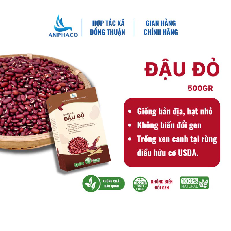 Đậu đỏ thuần chủng không biến đổi gen trồng hữu cơ organic Đồng Thuận Anphaco hộp 500gr