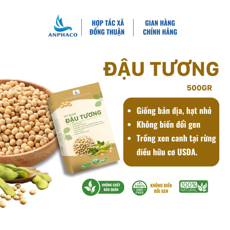 Đậu nành đỗ tương thuần chủng không biến đổi gen trồng hữu cơ organic Đồng Thuận Anphaco hộp 500gr