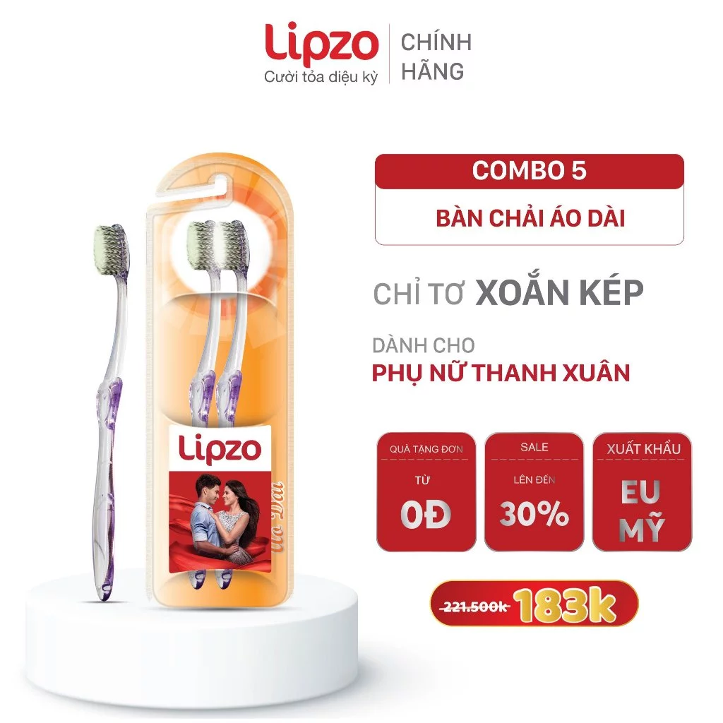 [Combo 5] Bàn Chải Đánh Răng Lipzo Áo Dài Dành Cho Người Lớn Công Nghệ Chỉ Tơ Xoắn Kép Lông Nở Kháng Khuẩn Siêu Mảnh