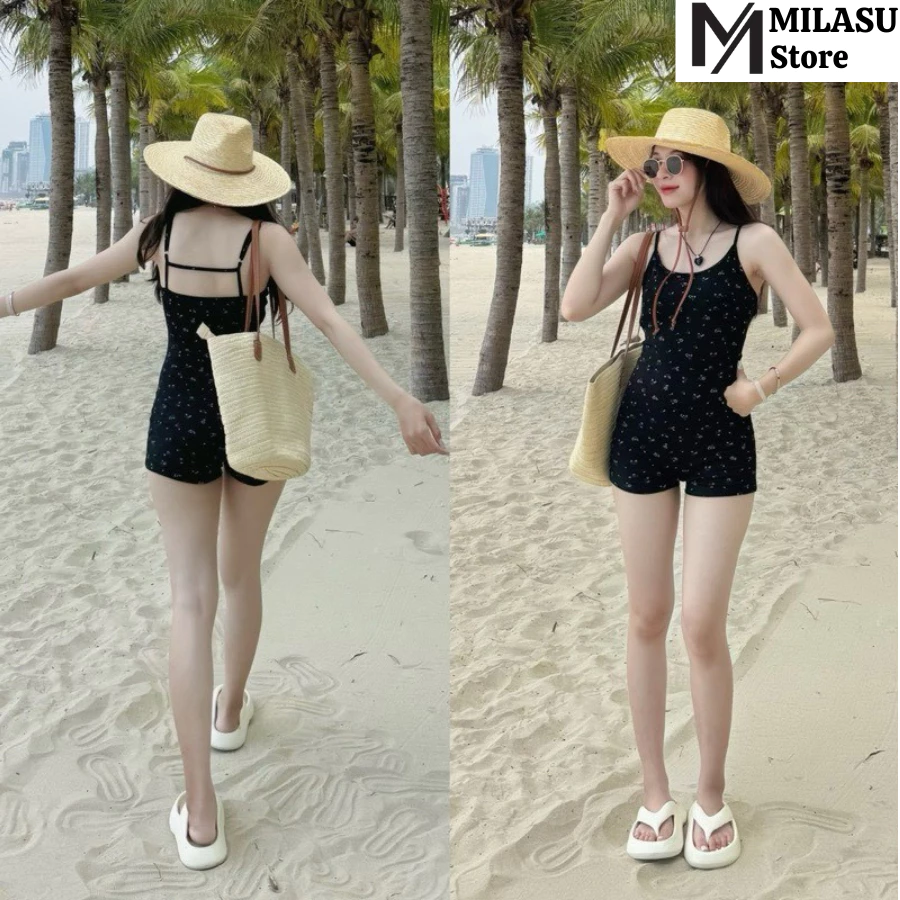 (CÓ MÚT ĐỆM) Bộ liền bodysuit hai dây hoa nhí MILASU,  jumpsuit chất thun tăm hở lưng mặc đi biển 237