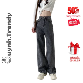 Quần Jean Nữ Ống Suông Rộng Cạp Cao Màu Retro Quần Bò Jeans Nữ Đen Ống Rộng Phong Cách Ulzzang Quynh Trendy J00