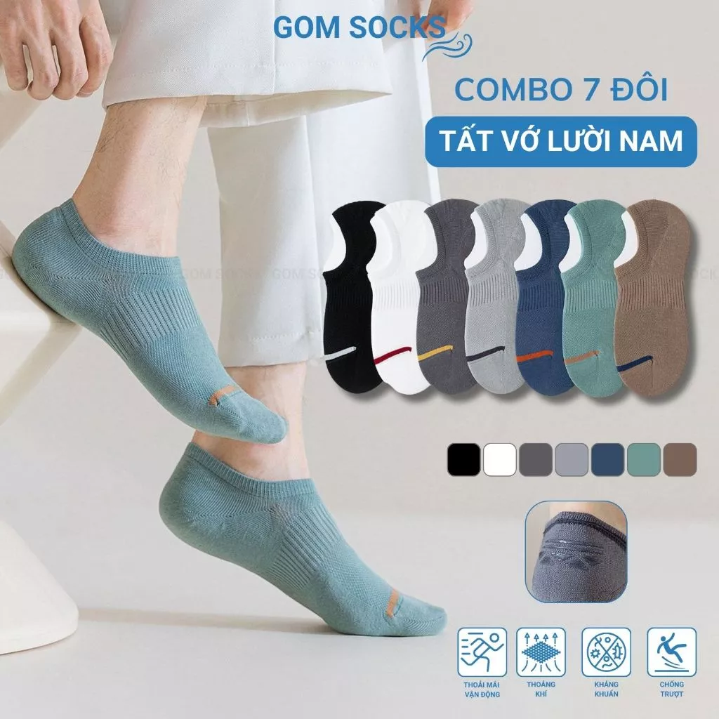 Combo 7 đôi vớ nam lười có đệm silicon chống tuột gót GOM SOCKS, chất liệu cotton cao cấp kháng khuẩn - D16-A080-CB7