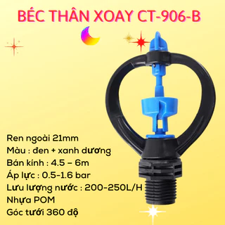 COMBO 5 CÁI Béc thân xoay CT-906-B Đầu phun tưới nước 360 độ ren 20mm bắt trưc tiếp và ren ống 21 bánh xe