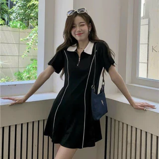 Đầm Polo Bigsize Nữ Dáng Xòe Phối Cổ Trắng, Váy Big Size Tay Ngắn Hách Dáng Chất Gân Tăm Thời Trang Cá Tính G93