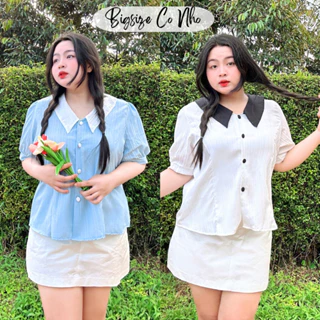 Áo Sơ Mi Bigsize Tay Ngắn Form Croptop Nữ Chất Đũi Mềm Mịn Mát Phối Màu Cổ Nút Thời Trang Tay Búp - SM15