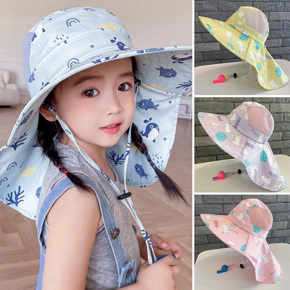 Mũ Chống Nắng Che Vai Gáy Cho Bé - Vành Siêu Rộng, Chống Tia UV Toàn Diện-Vải Mỏng Thoáng Khí, Có Còi Hoạt Hình An Toàn