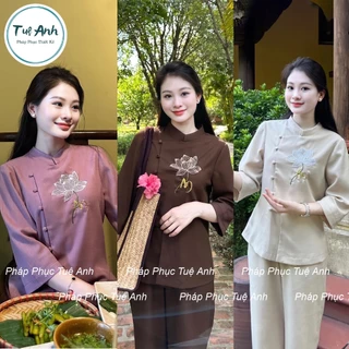 Bộ Pháp Phục đồ lam đi chùa đũi tằm cao cấp thêu chữ An và hoa sen cổ tàu - Pháp Phục Tuệ Anh