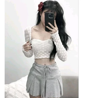 Set Áo Croptop Cổ Vuông Ống + Áo Khoác Lửng Tay Dài Ren