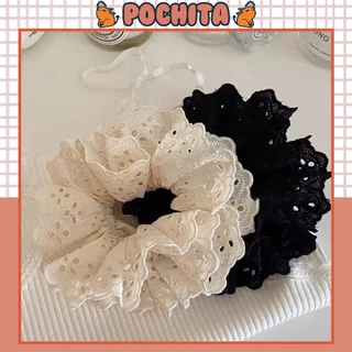 Dây Cột Tóc Vải Phối Ren, Scrunchies Phong Cách Cổ Điển Hàn Quốc Màu Đen Trắng, Chun Buộc Tóc Cute Ngọt Ngào Cho Bạn Gái