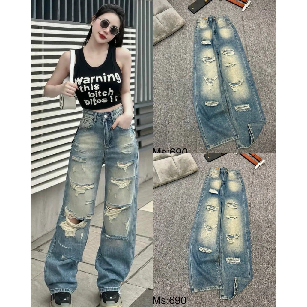 (VIDEO THẬT) QUẦN JEANS NỮ ỐNG RỘNG CẠP CAO XANH ÁNH VÀNG NHẸ WASH LOANG RÁCH NHIỀU THỜI TRANG PHONG CÁCH