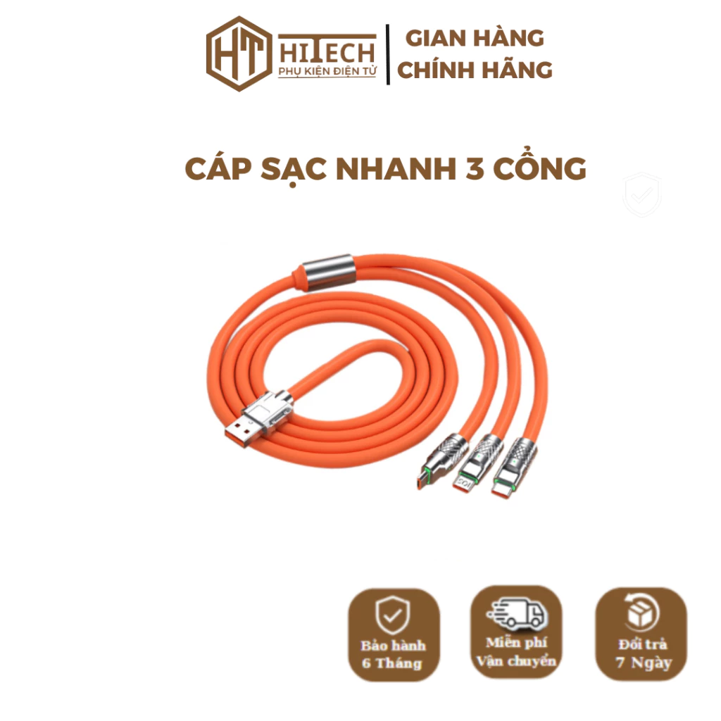 Dây Cáp Sạc Nhanh 120W 3 Trong 1, Hỗ Trợ Các Dòng Điện Thoại, Đảm Bảo An Toàn - Htech Store