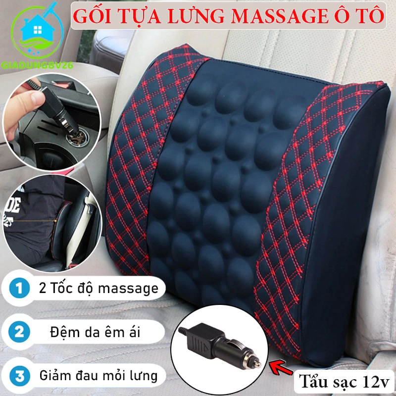 Gối tựa lưng massage trên xe ô tô, xe hơi loại bọc da cao cấp, Đệm massage lưng rung thư gian điện 12v