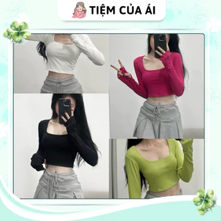 Áo croptop cổ vuông tay dài trơn thun gân tăm ôm dáng